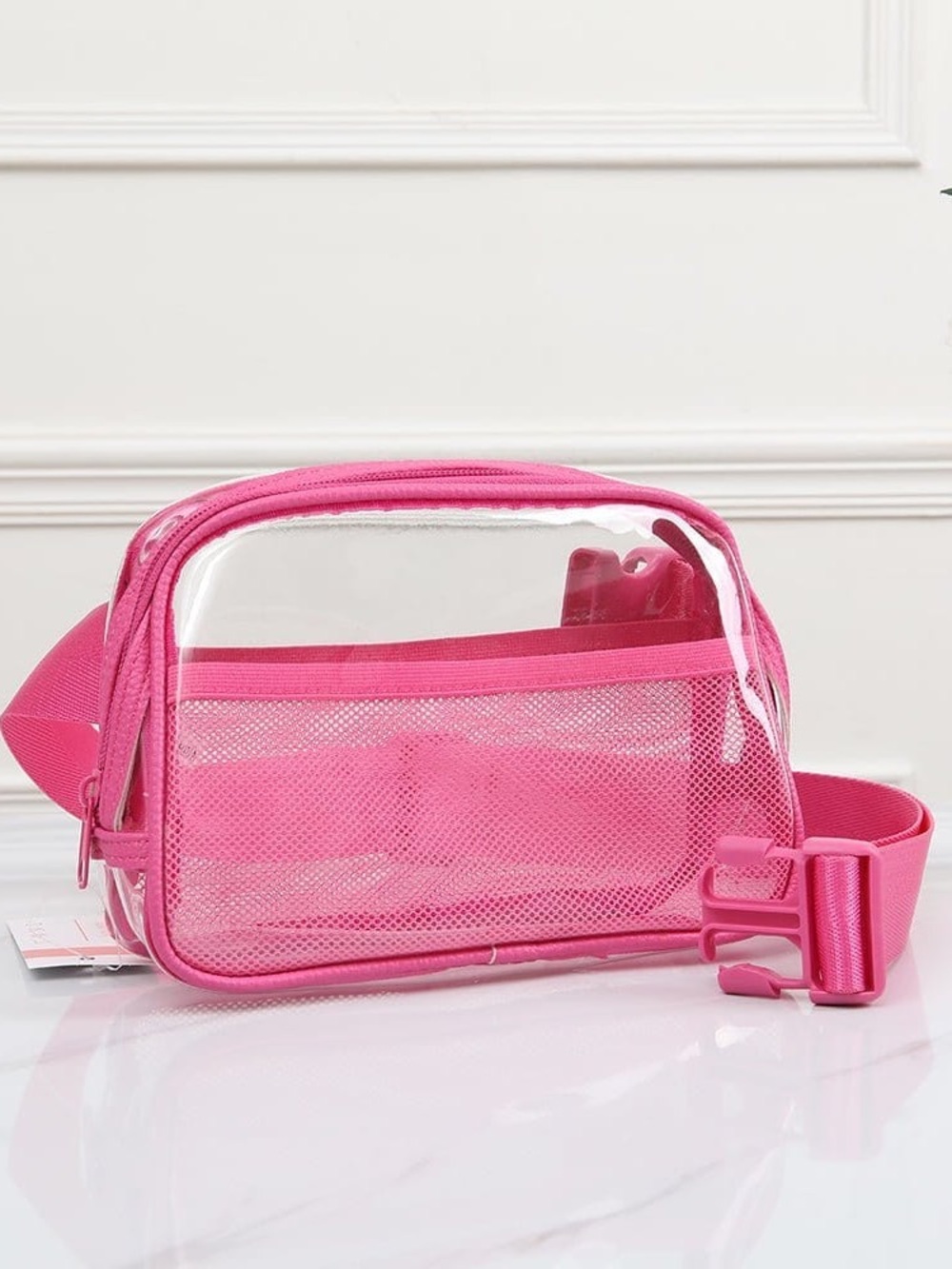 Clear Pink Crossbody Bag with Mesh Pocket